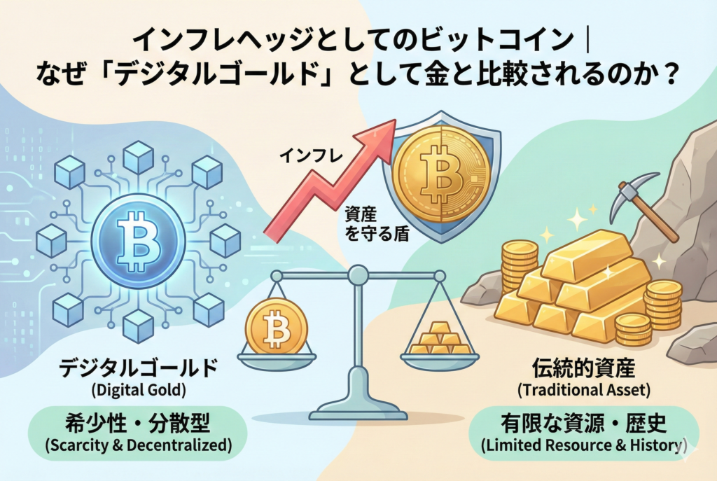 金（ゴールド）とビットコインを天秤にかけ、インフレ対策としての価値を比較しているイラスト。「インフレヘッジとしてのビットコイン｜なぜデジタルゴールドとして金と比較されるのか？」という見出しが入った、清潔感のあるデザイン。