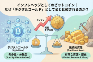 金（ゴールド）とビットコインを天秤にかけ、インフレ対策としての価値を比較しているイラスト。「インフレヘッジとしてのビットコイン｜なぜデジタルゴールドとして金と比較されるのか？」という見出しが入った、清潔感のあるデザイン。