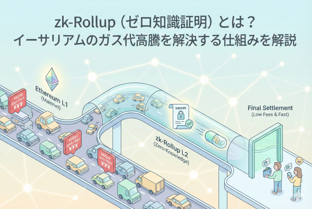 イーサリアムのメインチェーン(L1)とzk-Rollup(L2)の関係を視覚化したアイキャッチ画像。多数の取引をL2でまとめ、ゼロ知識証明を用いてコンパクトな証明データのみをL1に送る仕組みを、清潔感のある淡いトーンのイラストで表現しています。中央には「zk-Rollupとは?イーサリアムのガス代高騰を解決する仕組みを解説」というタイトルが入っています。