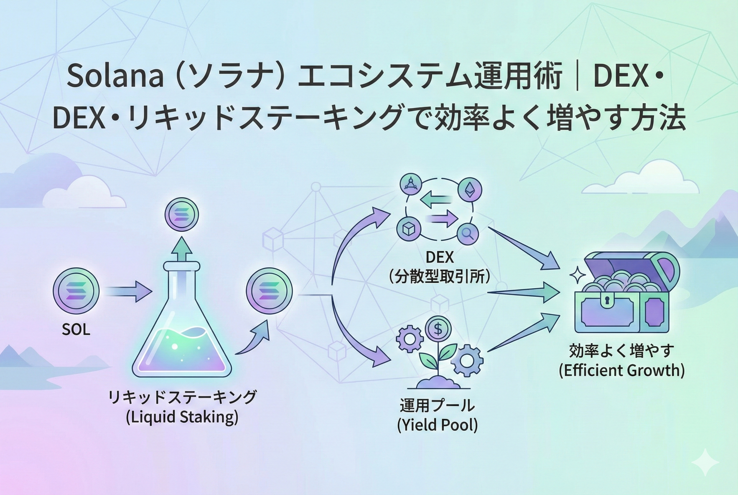 「Solana(ソラナ)エコシステム運用術」の日本語見出しが入ったアイキャッチ画像。パステルカラーの背景に、リキッドステーキングやDEX(分散型取引所)での効率的な資産運用を象徴するチャート、ウォレット、コインのアイコンが精緻なタッチで描かれています。