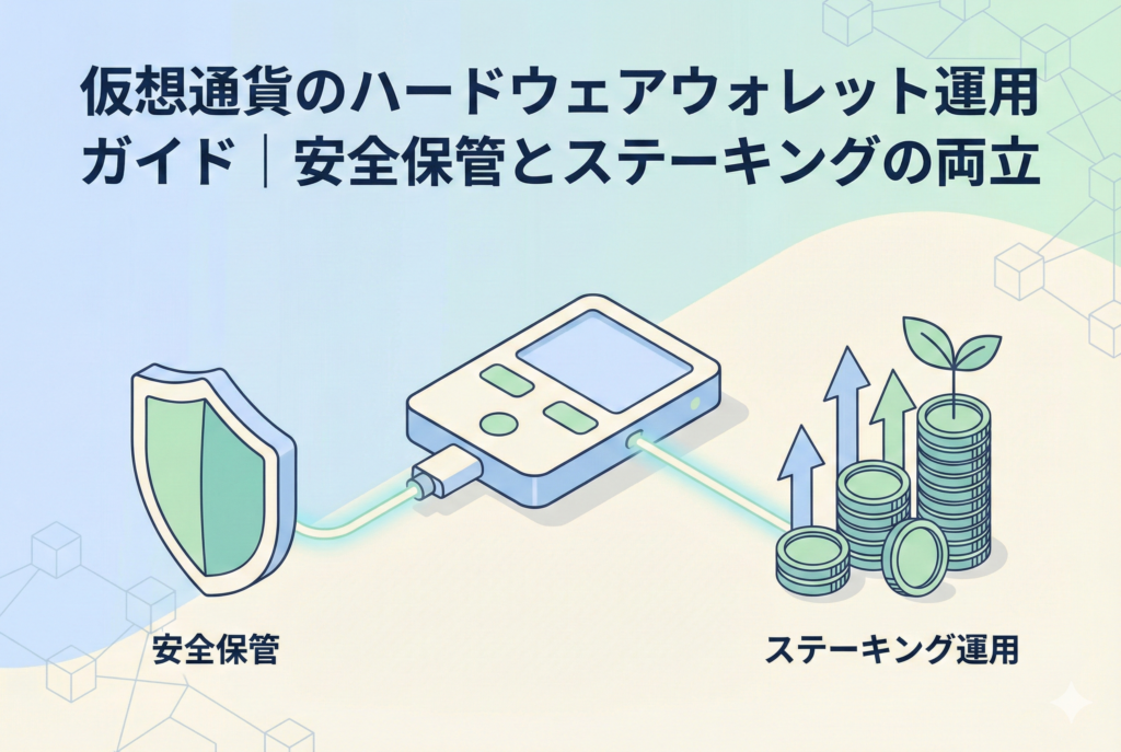 手のひらに載ったハードウェアウォレットのデバイスと、資産をハッキングから守る盾のマーク、そしてステーキングで資産が増えていく様子を示す右肩上がりのグラフが描かれたイラストです。