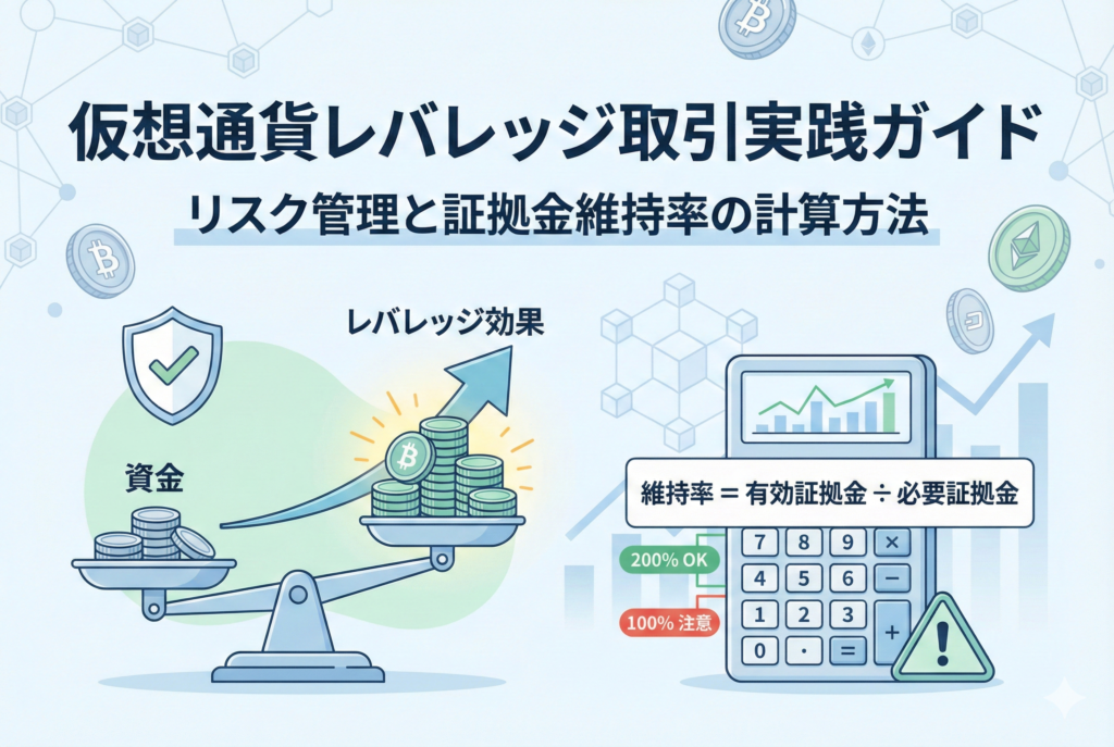 「仮想通貨レバレッジ取引実践ガイド」というタイトルと、リスク管理を象徴する盾のアイコン、証拠金計算をイメージさせるタブレットや電卓が描かれた、清潔感のあるアイキャッチ画像。