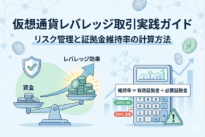 「仮想通貨レバレッジ取引実践ガイド」というタイトルと、リスク管理を象徴する盾のアイコン、証拠金計算をイメージさせるタブレットや電卓が描かれた、清潔感のあるアイキャッチ画像。