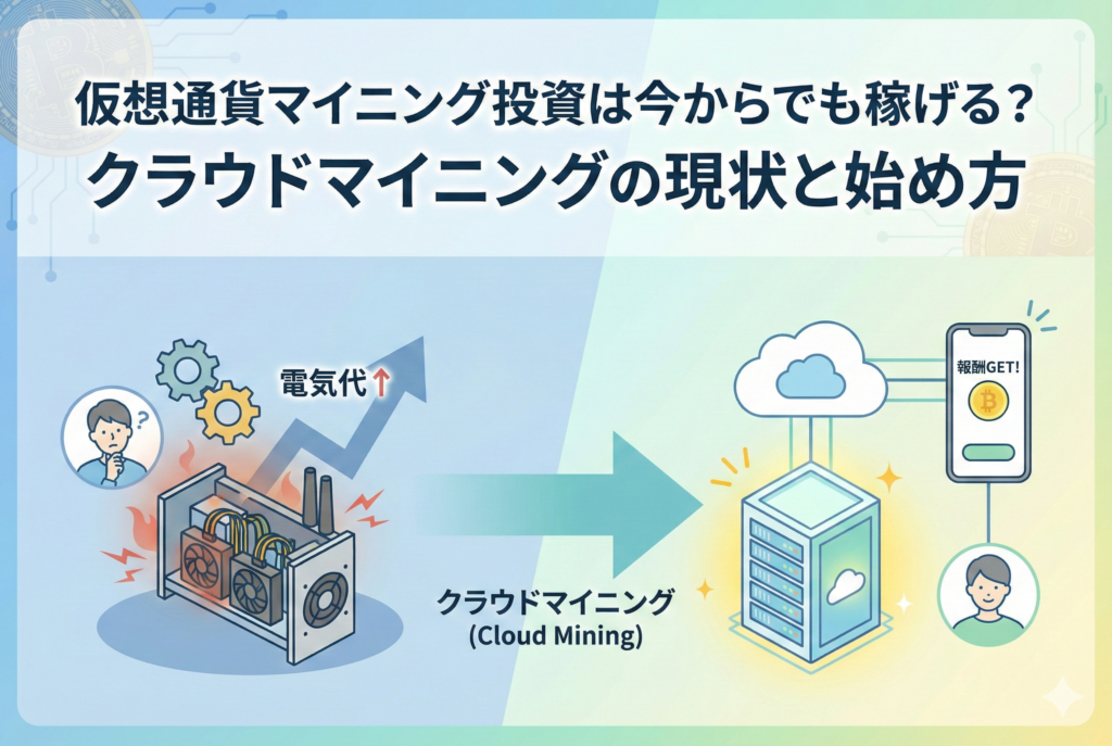 仮想通貨（暗号資産）のマイニング投資をイメージしたアイキャッチ画像。明るいパステルカラーの背景に、デジタルな採掘を象徴するサーバーやコインのイラストが精緻に描かれ、中央に「仮想通貨マイニング投資」という日本語の見出しが入っています。クラウドマイニングのクリーンなイメージを表現しています。