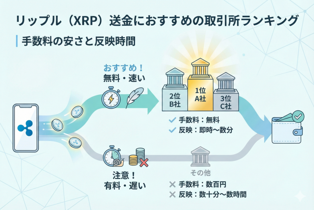 リップル(XRP)の送金手数料と反映時間を比較するアイキャッチ画像。空を飛ぶロケットのように素早い送金イメージと、主要取引所のランキング、手数料無料や即時反映といったメリットが視覚的に表現されている。