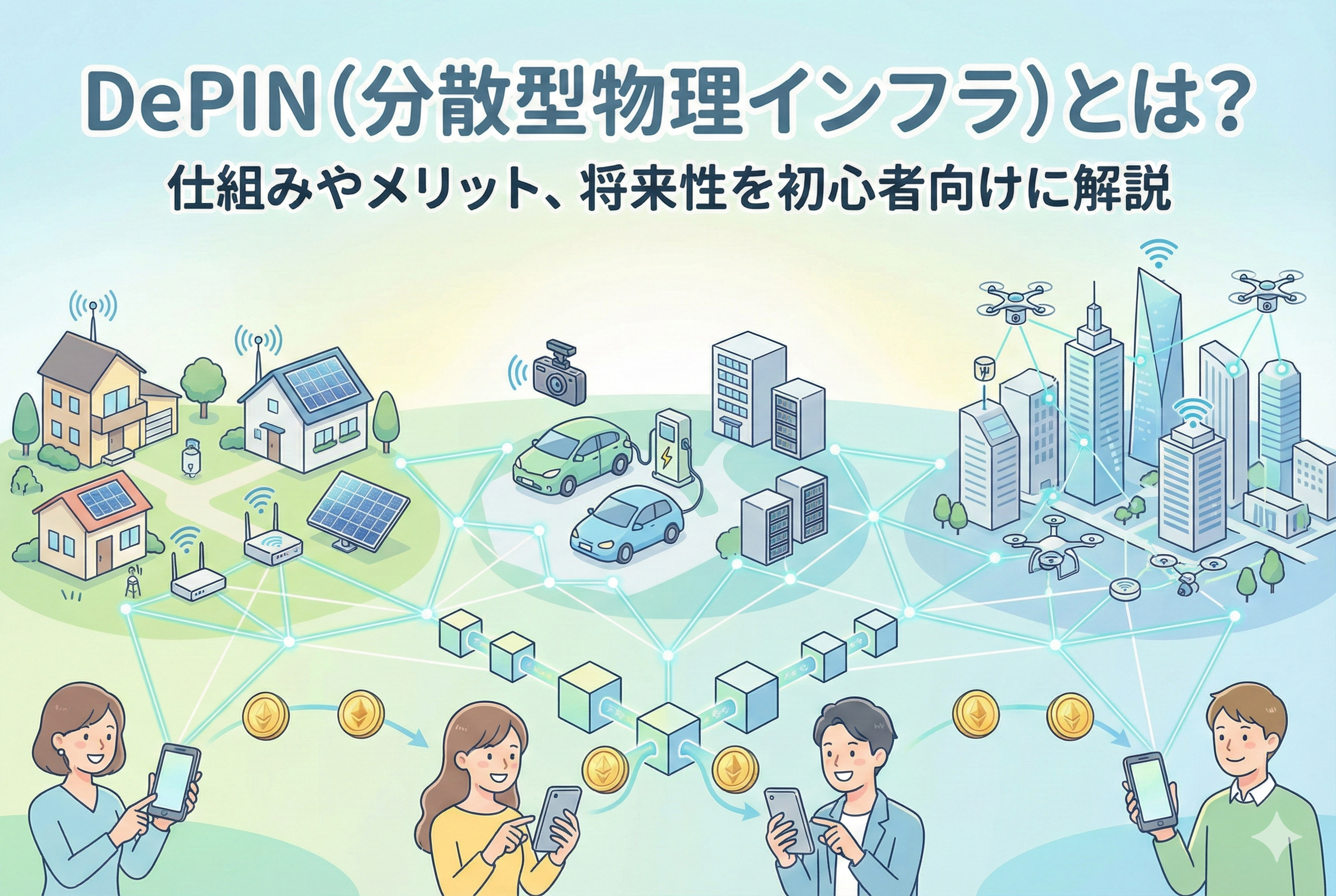 分散型物理インフラ「DePIN」の概念を視覚化したアイキャッチ画像。街中の通信基地局や建物、スマートフォンがブロックチェーンのネットワークで繋がり、世界中の個人がインフラ構築に参加する様子を、清潔感のある淡いトーンのイラストで表現しています。中央には「DePIN（分散型物理インフラ）とは？仕組みやメリット、将来性を初心者向けに解説」というタイトルが入っています。