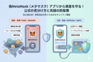 偽MetaMask（メタマスク）アプリへの注意喚起をテーマにしたアイキャッチ画像。中央に「偽MetaMaskアプリから資産を守る！公式の見分け方と究極の防衛策」というタイトルがあり、虫眼鏡でURLを厳重にチェックする様子や、資産を守る盾、そしてウォレットのアイコンが清潔感のある精緻なイラストで描かれています。