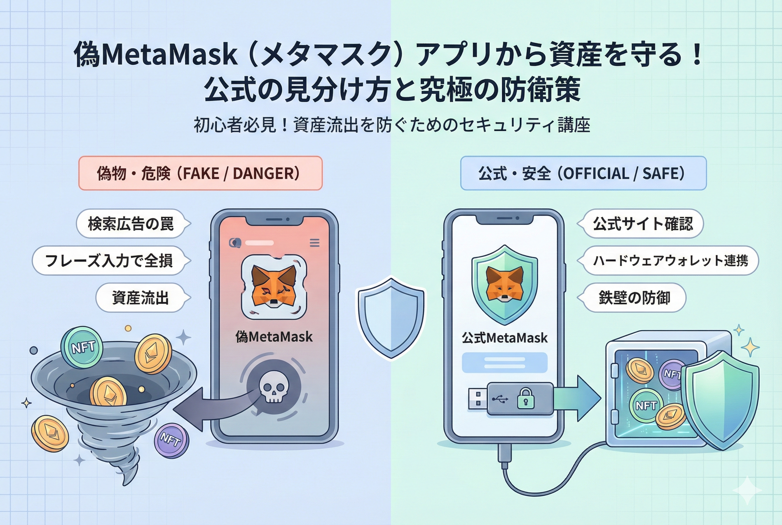 偽MetaMask（メタマスク）アプリへの注意喚起をテーマにしたアイキャッチ画像。中央に「偽MetaMaskアプリから資産を守る！公式の見分け方と究極の防衛策」というタイトルがあり、虫眼鏡でURLを厳重にチェックする様子や、資産を守る盾、そしてウォレットのアイコンが清潔感のある精緻なイラストで描かれています。