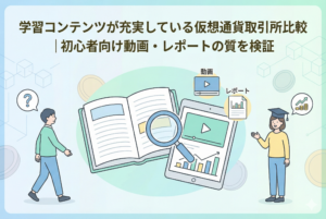 記事「学習コンテンツが充実している仮想通貨取引所比較｜初心者向け動画・レポートの質を検証」のアイキャッチ画像。学習教材（本、タブレット、動画、レポート）を虫眼鏡で調査する様子と、疑問を持つ初心者から知識を得て成長する投資家への変化を、親しみやすいイラストで表現しています。