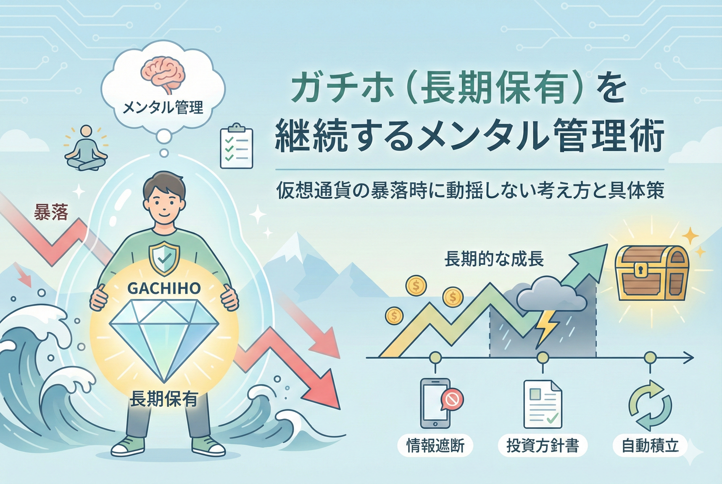 記事「ガチホ（長期保有）を継続するメンタル管理術｜仮想通貨の暴落時に動揺しない考え方と具体策」のアイキャッチ画像。暴落の波に動じず、ダイヤモンドを抱えて長期保有を守る人物のイラストを中心に、メンタル管理の重要性、長期的な資産成長のイメージ、そして具体的な対策（情報遮断、投資方針書、自動積立）が分かりやすく図示されている。