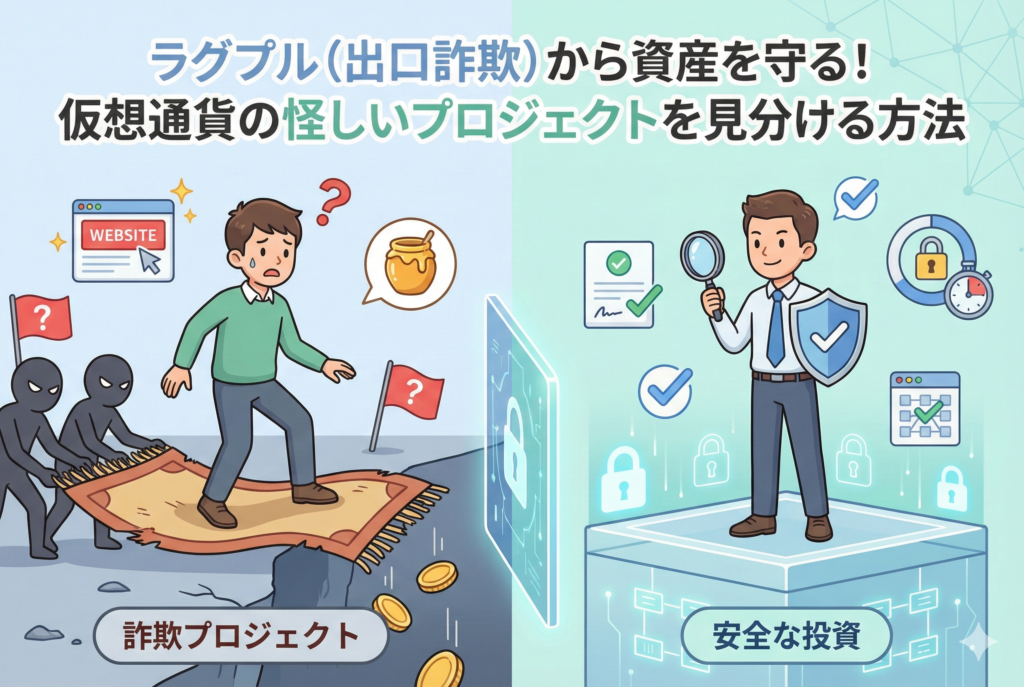 「ラグプル（出口詐欺）から資産を守る！仮想通貨の怪しいプロジェクトを見分ける方法」というタイトルのアイキャッチイラスト。左側では詐欺師が投資家の足元の絨毯を引き抜こうとしており、ハニーポットや偽サイトのアイコンがある。右側では投資家が虫眼鏡と盾を持ち、検証済みマークやロックされた流動性のアイコンに囲まれ、安全にブロックチェーンの上に立っている様子が対比されている。