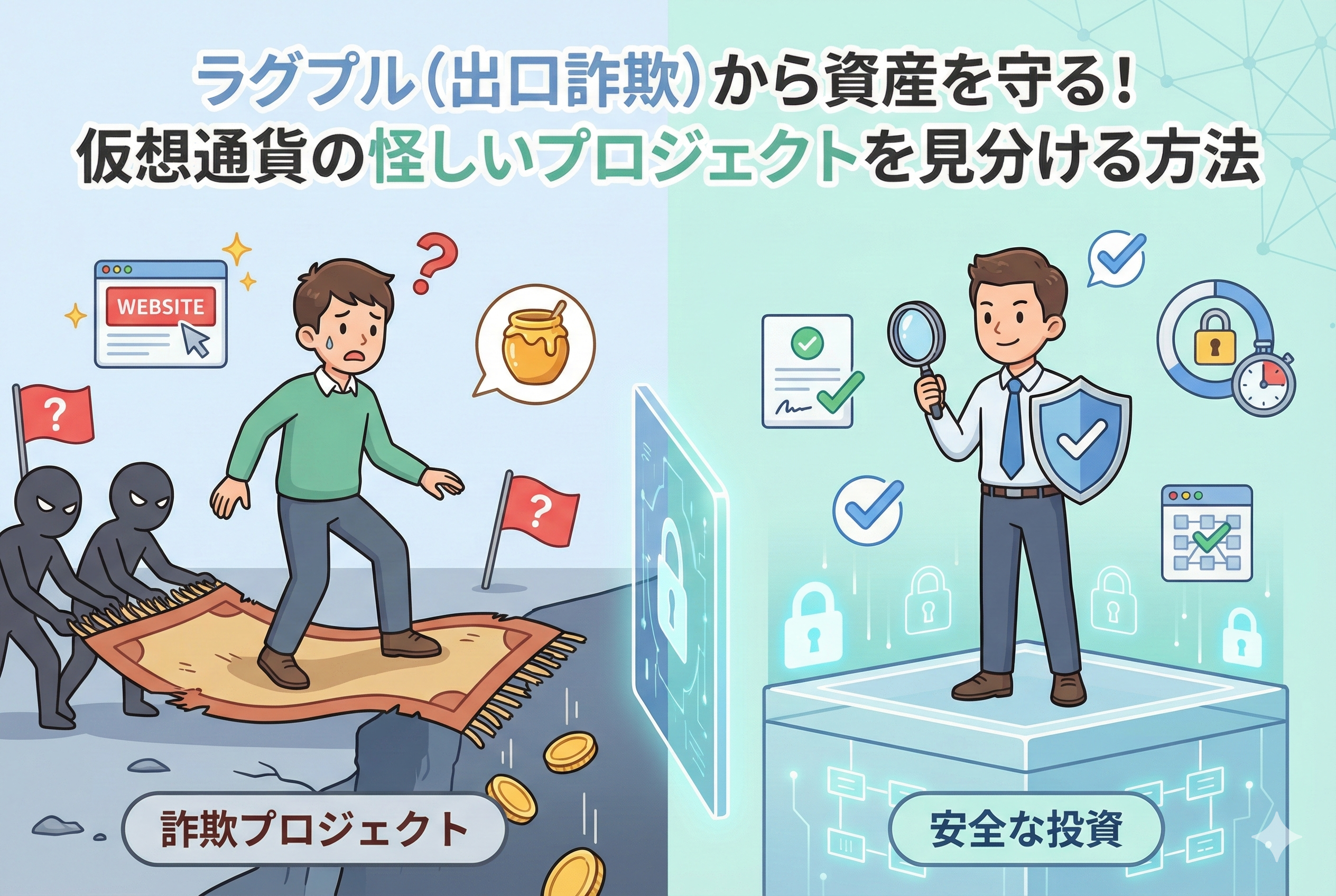 「ラグプル（出口詐欺）から資産を守る！仮想通貨の怪しいプロジェクトを見分ける方法」というタイトルのアイキャッチイラスト。左側では詐欺師が投資家の足元の絨毯を引き抜こうとしており、ハニーポットや偽サイトのアイコンがある。右側では投資家が虫眼鏡と盾を持ち、検証済みマークやロックされた流動性のアイコンに囲まれ、安全にブロックチェーンの上に立っている様子が対比されている。