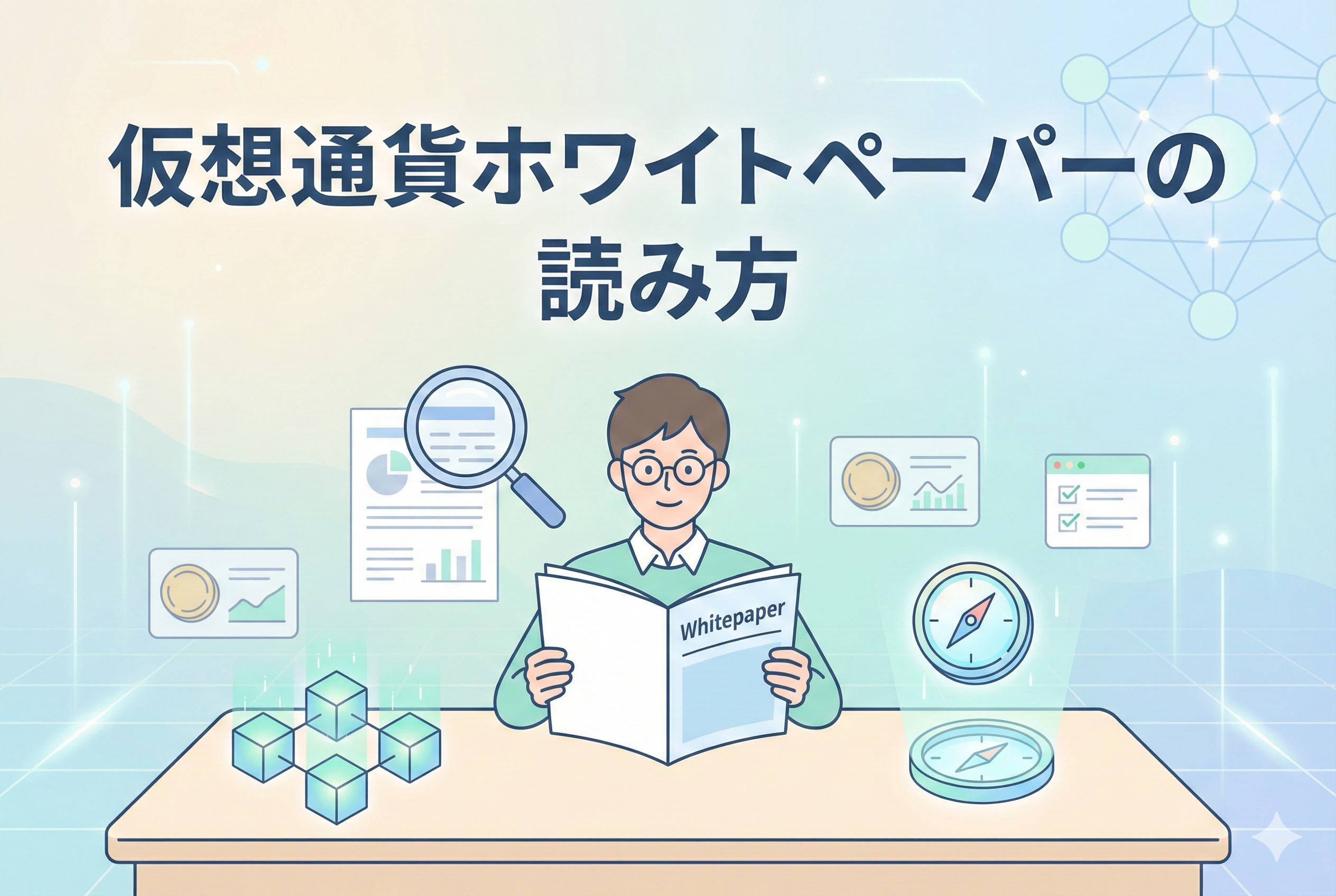 「仮想通貨ホワイトペーパーの読み方」という日本語の見出しが入ったアイキャッチ画像。タブレットや書類でプロジェクトの設計図を熱心に確認している様子や、背後に広がるグラフやネットワークの図解が、清潔感のある淡いブルーの背景に描かれています。