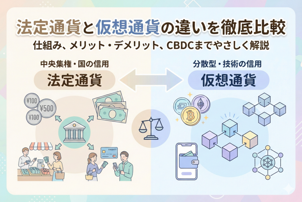 法定通貨（現金や中央銀行）と仮想通貨（ブロックチェーンやデジタルウォレット）の仕組みや信頼の拠り所の違いを比較したイラスト。中央には「法定通貨と仮想通貨の違いを徹底比較」という見出しがデザインされています。