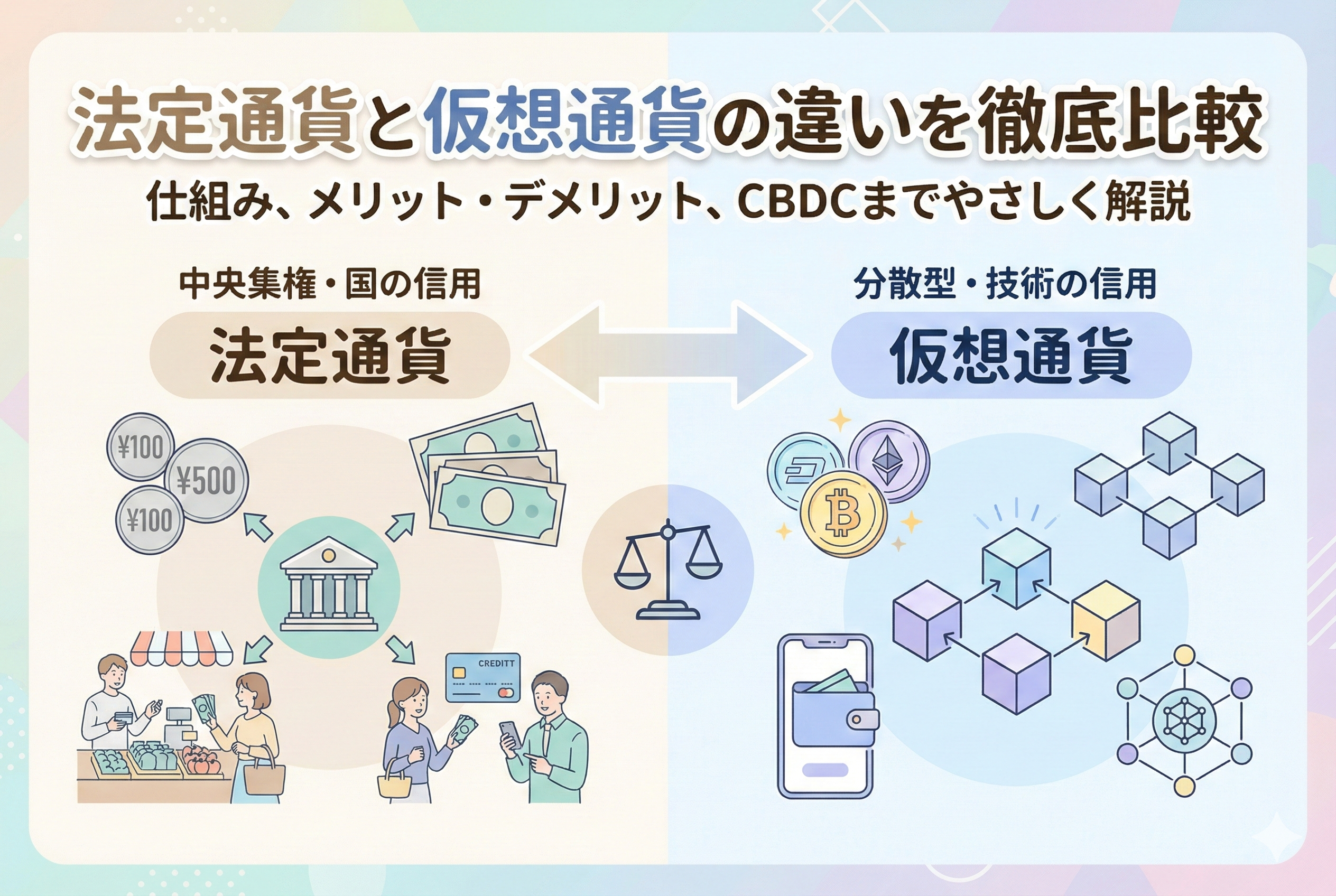 法定通貨（現金や中央銀行）と仮想通貨（ブロックチェーンやデジタルウォレット）の仕組みや信頼の拠り所の違いを比較したイラスト。中央には「法定通貨と仮想通貨の違いを徹底比較」という見出しがデザインされています。