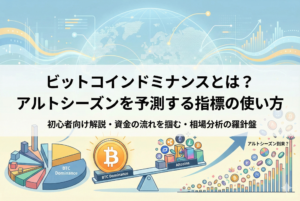 記事「ビットコインドミナンスとは？アルトシーズンを予測する指標の使い方」のアイキャッチ画像。市場全体の資金配分を示す大きな円グラフと、ビットコインからアルトコインへお金が流れる様子を示す矢印、そして相場の「潮目」を読み解く羅針盤が描かれ、資金循環の仕組みを視覚的に表現している。