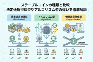 「ステーブルコインの種類と比較｜法定通貨担保型やアルゴリズム型の違いを徹底解説」というタイトルが入ったアイキャッチ画像。米ドルや日本円などの法定通貨、金（ゴールド）、仮想通貨、そして複雑な数式（アルゴリズム）が、天秤の上で「価値の安定」を保っている様子を描いた、清潔感のある明るいデザイン。