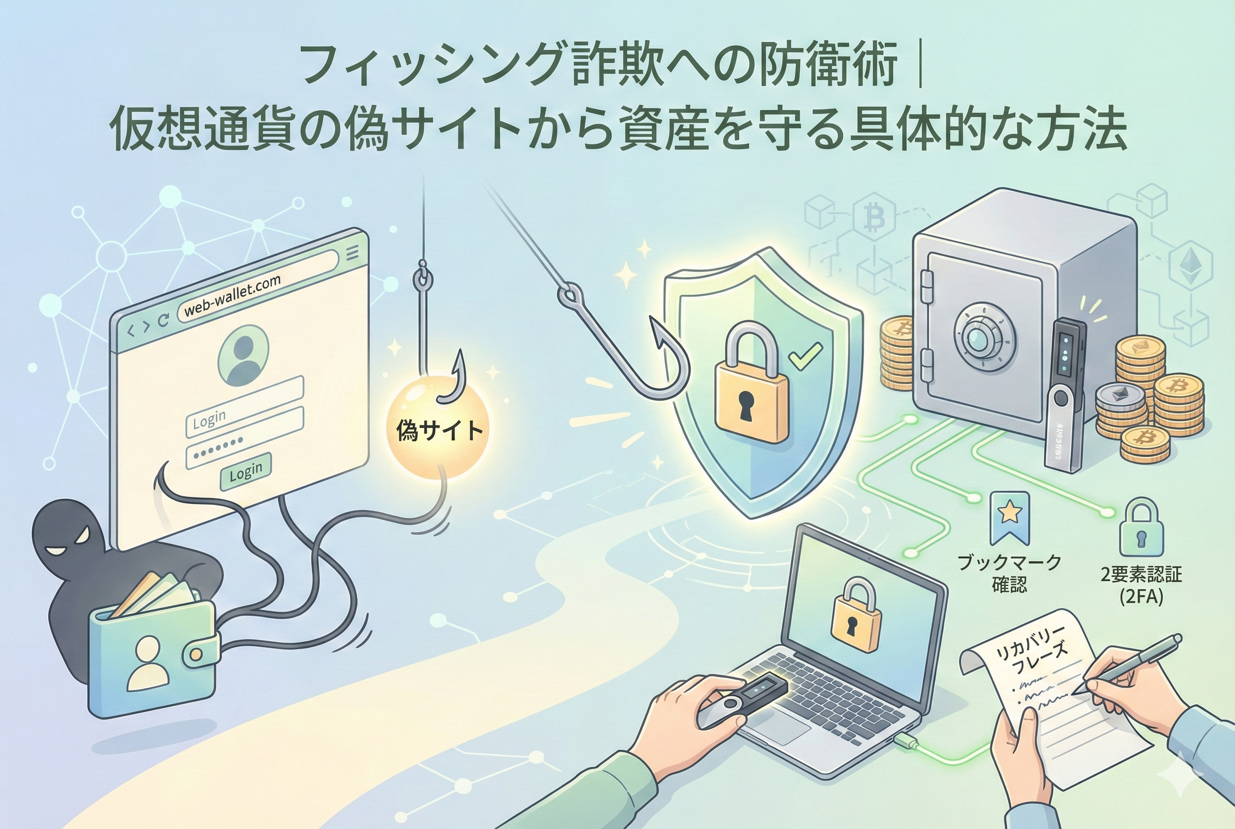 「フィッシング詐欺への防衛術｜仮想通貨の偽サイトから資産を守る具体的な方法」というタイトルが入ったアイキャッチイラスト。左側ではハッカーが釣り針を使って偽のウェブサイトからログイン情報を盗もうとしており、右側では大きな盾がそれを防ぎ、ハードウェアウォレット、紙に記録したリカバリーフレーズ、金庫によってビットコインやイーサリアムなどの暗号資産が守られている様子が描かれている。