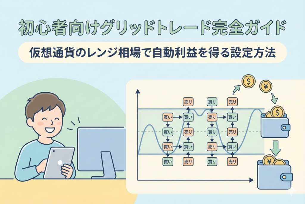 仮想通貨のグリッドトレードの仕組みを解説するイラスト。パソコンとタブレットを操作する男性の横に、レンジ相場内で「買い」と「売り」を自動で繰り返して利益を積み上げるチャート図解が描かれています。