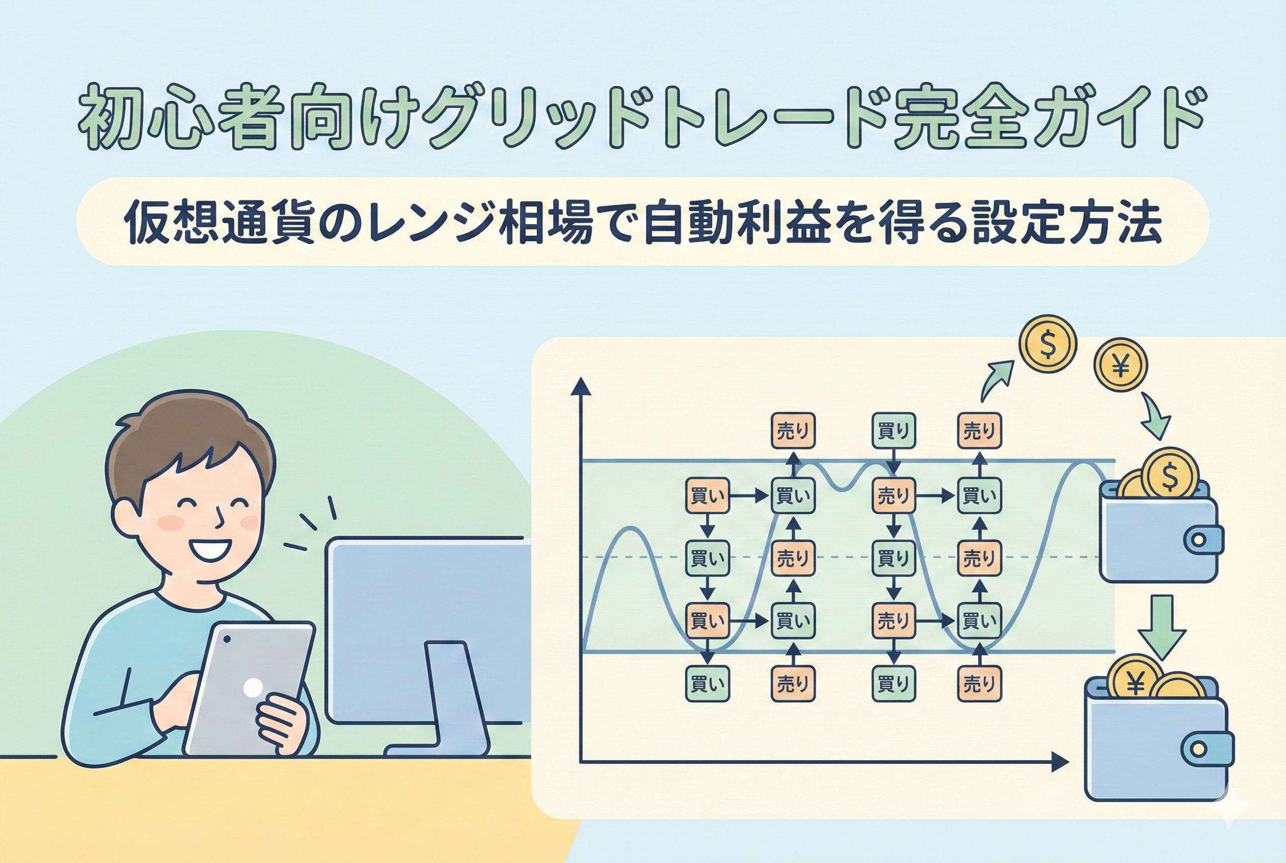 仮想通貨のグリッドトレードの仕組みを解説するイラスト。パソコンとタブレットを操作する男性の横に、レンジ相場内で「買い」と「売り」を自動で繰り返して利益を積み上げるチャート図解が描かれています。