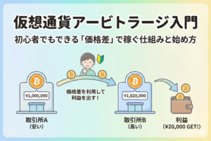 仮想通貨のアービトラージ（裁定取引）の仕組みを解説するイラスト。複数の取引所間でビットコインの価格差が生じている様子と、安い取引所で買って高い取引所で売ることで利益を出すプロセスが、清潔感のあるデザインで描かれています。