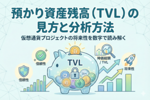 仮想通貨プロジェクトに積み上がる預かり資産残高（TVL）と、それによって高まる信頼性と成長性を、右肩上がりのグラフとデジタル資産のアイコンで表現した精緻なイラスト。