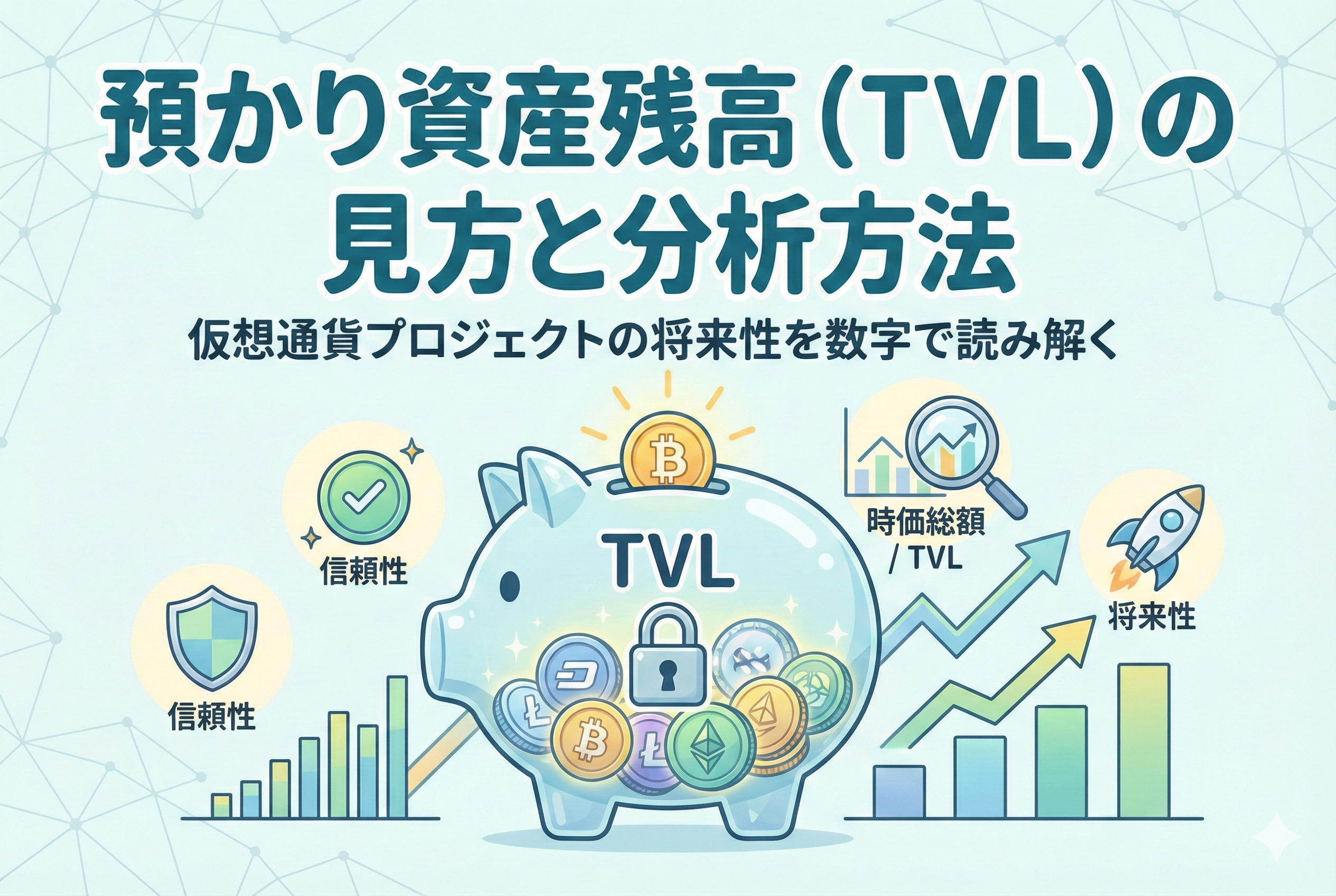 仮想通貨プロジェクトに積み上がる預かり資産残高（TVL）と、それによって高まる信頼性と成長性を、右肩上がりのグラフとデジタル資産のアイコンで表現した精緻なイラスト。