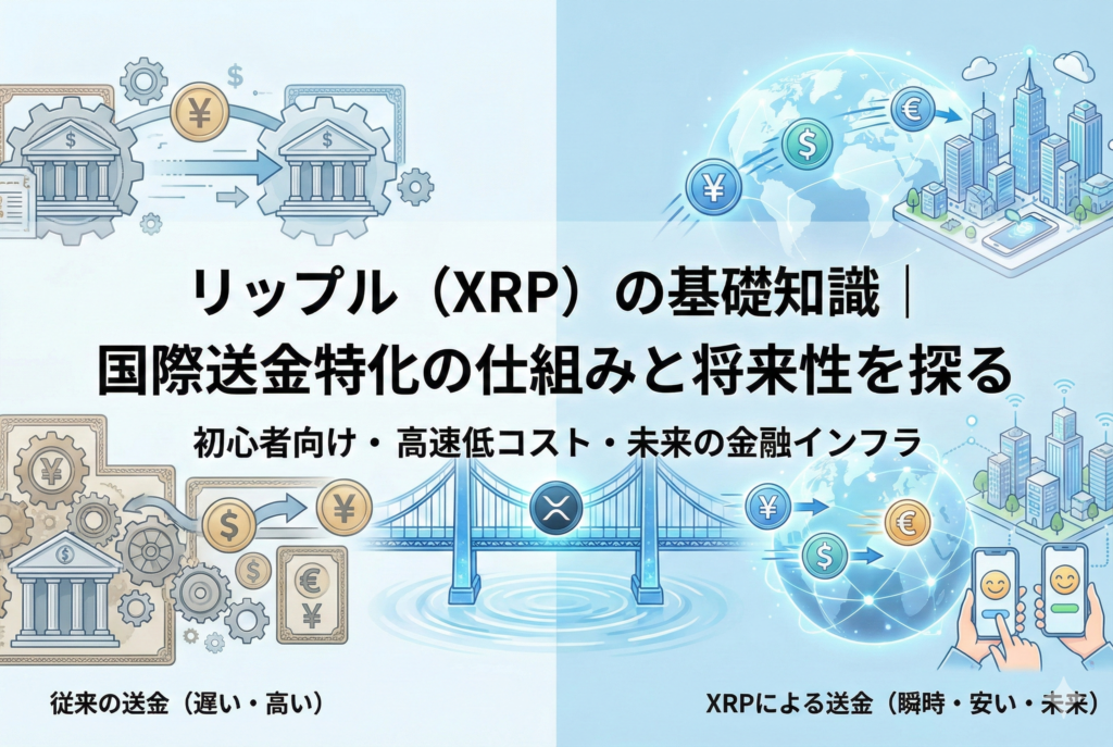 記事「リップル（XRP）の基礎知識｜国際送金特化の仕組みと将来性を探る」のアイキャッチ画像。左側には歯車と銀行のイラストで「従来の送金（遅い・高い）」が、右側にはXRPのロゴがある橋と地球儀、スマートフォンのイラストで「XRPによる送金（瞬時・安い・未来）」が描かれ、リップルが国際送金にもたらす変革を視覚的に比較している。