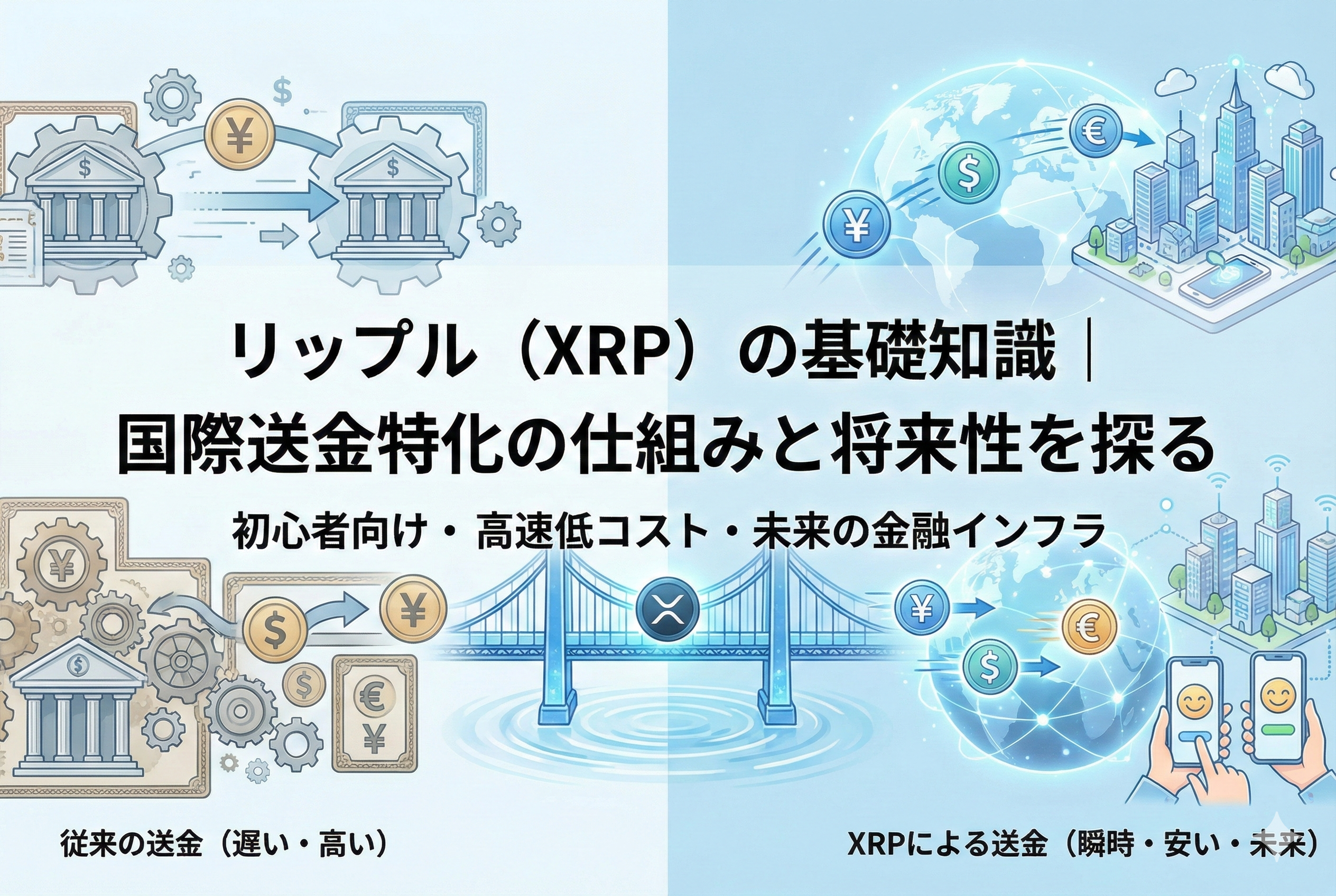 記事「リップル(XRP)の基礎知識|国際送金特化の仕組みと将来性を探る」のアイキャッチ画像。左側には歯車と銀行のイラストで「従来の送金(遅い・高い)」が、右側にはXRPのロゴがある橋と地球儀、スマートフォンのイラストで「XRPによる送金(瞬時・安い・未来)」が描かれ、リップルが国際送金にもたらす変革を視覚的に比較している。
