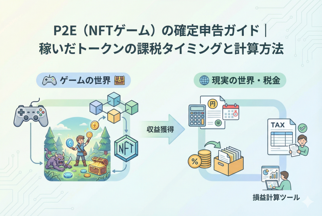 P2E(NFTゲーム)の確定申告をイメージしたイラスト。ゲームをプレイしてトークンやNFTを獲得する様子と、それらの利益を電卓や書類で計算する税務のモチーフが、清潔感のあるパステルカラーのデザインで対比・図解されています。
