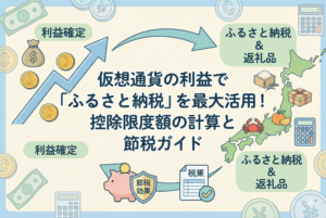 仮想通貨のコインと、ふるさと納税を象徴する豪華な返礼品（お肉やお米など）が描かれたアイキャッチ画像。中央には「仮想通貨の利益で「ふるさと納税」を最大活用！控除限度額の計算と節税ガイド」というタイトルが記載されており、投資家が賢く制度を利用するイメージを精緻なイラストで表現しています。