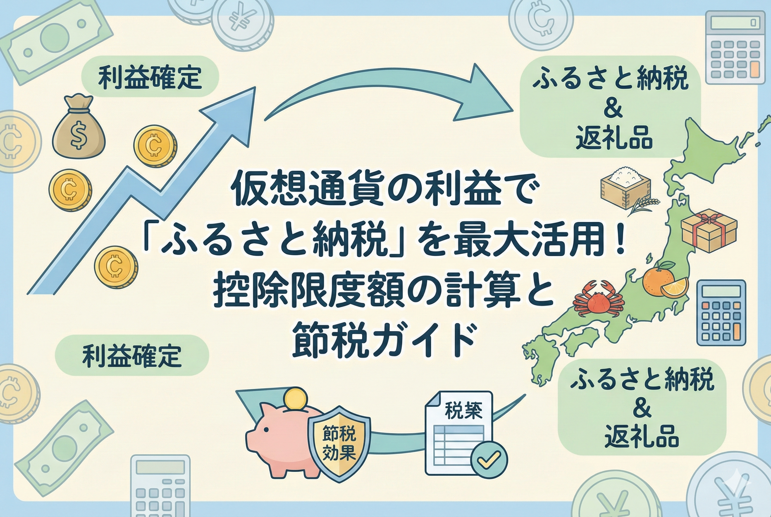 仮想通貨のコインと、ふるさと納税を象徴する豪華な返礼品（お肉やお米など）が描かれたアイキャッチ画像。中央には「仮想通貨の利益で「ふるさと納税」を最大活用！控除限度額の計算と節税ガイド」というタイトルが記載されており、投資家が賢く制度を利用するイメージを精緻なイラストで表現しています。