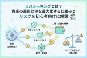 リステーキングの仕組みを視覚化したアイキャッチ画像。土台となる「ステーキング」の上に、さらに「リステーキング」という層が重なり、複数の報酬（利回り）が発生している様子を精緻なイラストで表現しています。一つの資産で複数のセキュリティを支え、運用効率を最大化するコンセプトを、清潔感のある淡いカラーで図解したデザインです。