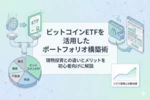 ビットコインETFをポートフォリオに組み込んだ分散投資のイメージ図。株式や債券、不動産と並んでビットコインETFを資産運用の一部に取り入れる様子を、清潔感のある円グラフや成長グラフのイラストで視覚化したアイキャッチ画像。