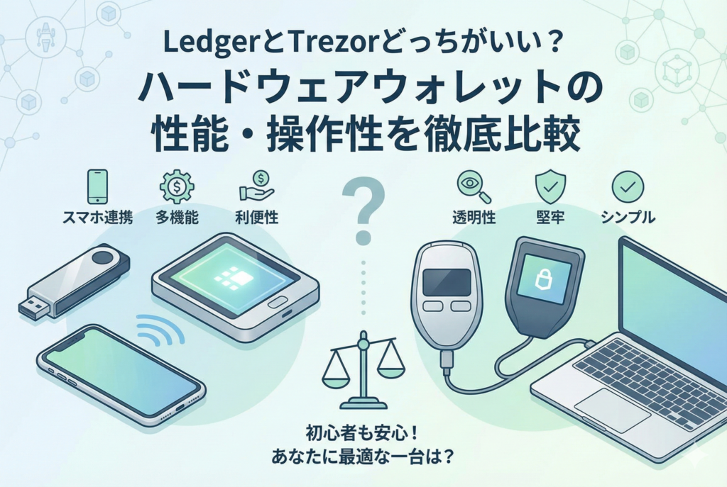 LedgerとTrezorのハードウェアウォレットを比較するイラスト。左側にスマホ連携や多機能性を、右側に透明性や堅牢性を示すアイコンを配し、中央に比較記事のタイトルが記載されています。