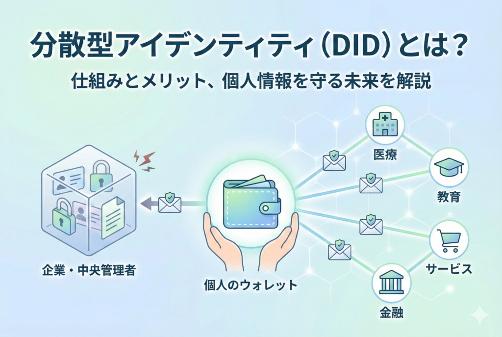 分散型アイデンティティ(DID)の仕組みとメリットを図解したイラスト。左側には企業が個人情報を中央管理するリスクが、中央には個人が自身のウォレットで情報を安全に管理する様子が描かれています。右側では、個人のウォレットから医療、教育、金融などの各サービスへ、安全に情報が連携される未来のネットワーク図が表現されています。