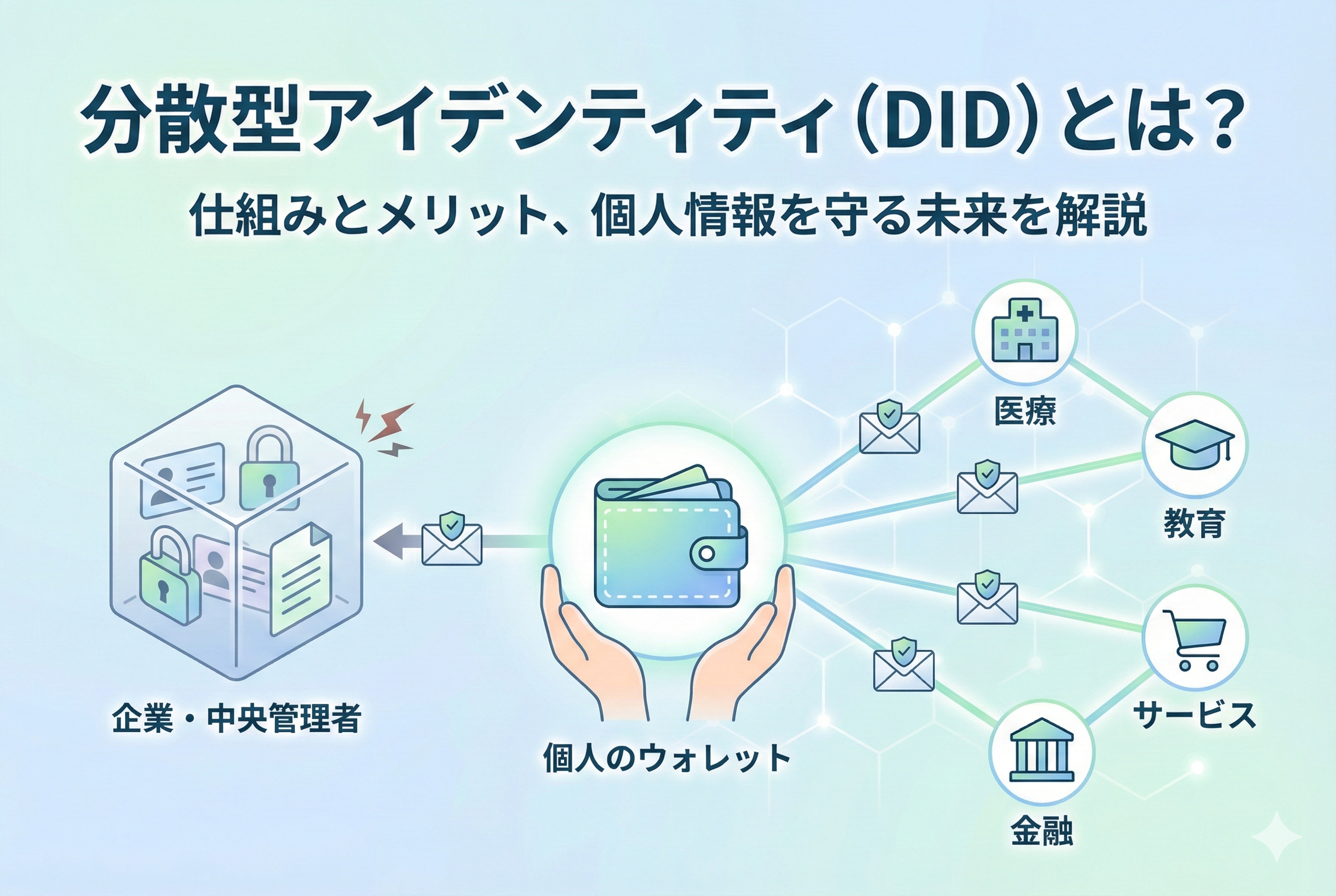 分散型アイデンティティ(DID)の仕組みとメリットを図解したイラスト。左側には企業が個人情報を中央管理するリスクが、中央には個人が自身のウォレットで情報を安全に管理する様子が描かれています。右側では、個人のウォレットから医療、教育、金融などの各サービスへ、安全に情報が連携される未来のネットワーク図が表現されています。