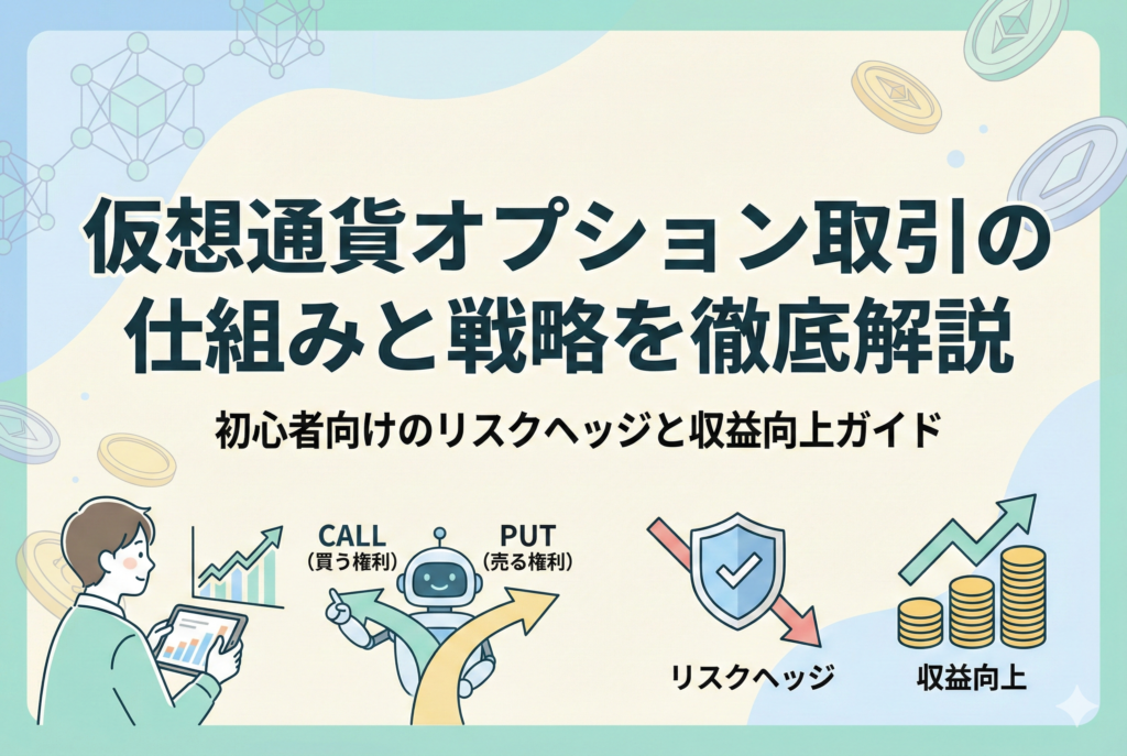 「仮想通貨オプション取引の仕組みと戦略を徹底解説|初心者向けのリスクヘッジと収益向上ガイド」というタイトルのアイキャッチ画像。親しみやすいイラストで、タブレットを見る男性と、CALL(買う権利)・PUT(売る権利)の分岐を示すロボット、そして盾によるリスクヘッジとコインによる収益向上の図解が描かれています。背景にはブロックチェーンの模様があしらわれています。