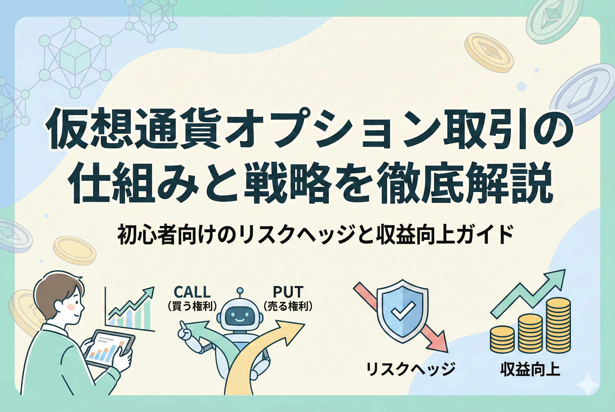 「仮想通貨オプション取引の仕組みと戦略を徹底解説|初心者向けのリスクヘッジと収益向上ガイド」というタイトルのアイキャッチ画像。親しみやすいイラストで、タブレットを見る男性と、CALL(買う権利)・PUT(売る権利)の分岐を示すロボット、そして盾によるリスクヘッジとコインによる収益向上の図解が描かれています。背景にはブロックチェーンの模様があしらわれています。