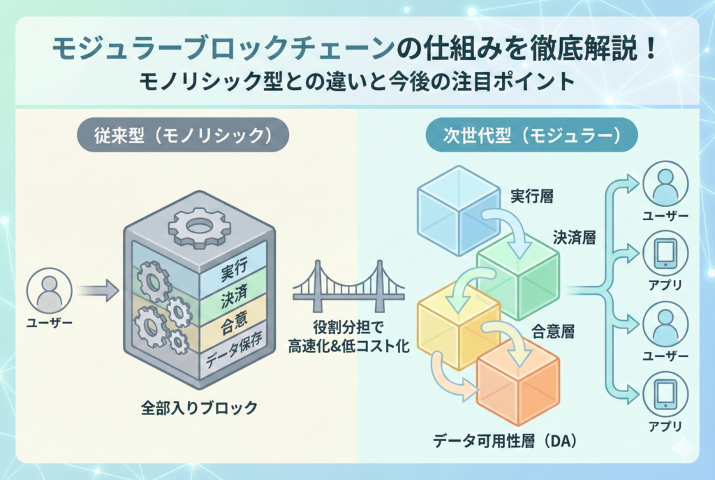 モジュラーブロックチェーンの仕組みを徹底解説した図解イラスト。左側には従来の「モノリシック型」として、実行・決済・合意・データ保存が一体化した重いブロックが描かれ、処理が遅い様子を示す。右側には次世代の「モジュラー型」として、実行層・決済層・合意層・データ可用性層(DA)が別々のブロックとして連携し、役割分担によって高速化と低コスト化を実現している様子が比較されている。