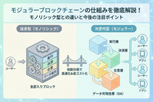 モジュラーブロックチェーンの仕組みを徹底解説した図解イラスト。左側には従来の「モノリシック型」として、実行・決済・合意・データ保存が一体化した重いブロックが描かれ、処理が遅い様子を示す。右側には次世代の「モジュラー型」として、実行層・決済層・合意層・データ可用性層（DA）が別々のブロックとして連携し、役割分担によって高速化と低コスト化を実現している様子が比較されている。