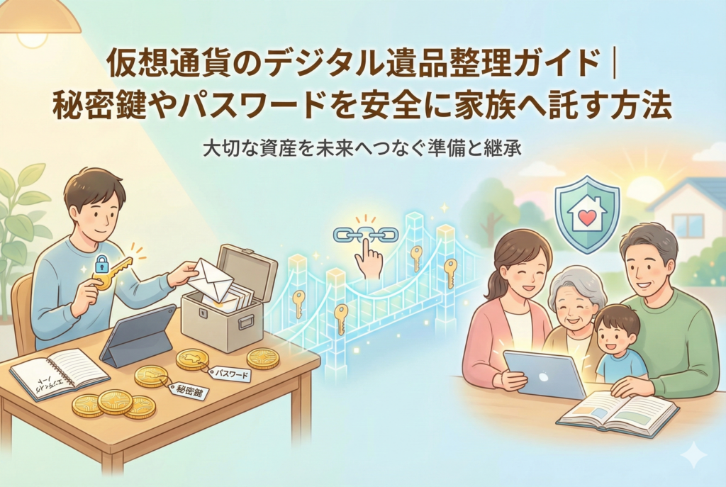 仮想通貨のデジタル遺品整理ガイドのアイキャッチ画像。中央には「秘密鍵やパスワードを安全に家族へ託す方法」というタイトルがあり、家族のシルエット、デジタルの鍵、エンディングノート、そしてスマートフォンが描かれた、清潔感のあるパステルカラーの精緻なイラスト。