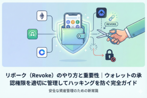 仮想通貨ウォレットと外部サービスの接続をハサミで切り離し、承認権限を解除（リボーク）してセキュリティを守る様子を描いた、清潔感のある精緻なイラスト。