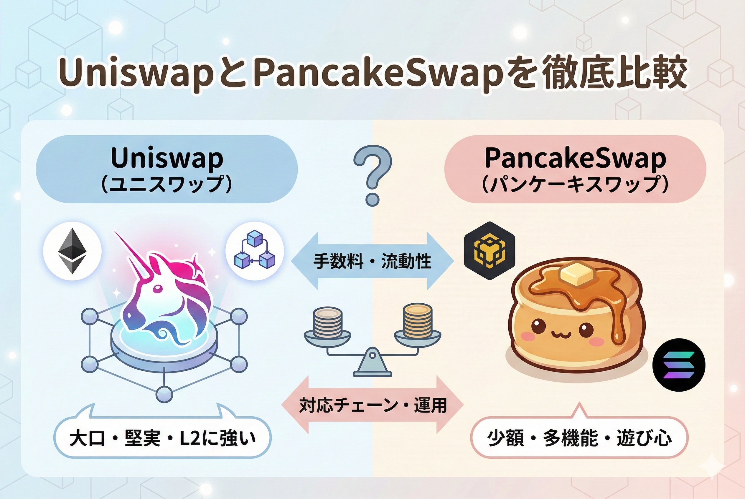 UniswapとPancakeSwapの比較をテーマにしたアイキャッチ画像。左側にイーサリアムやレイヤー2を象徴する抽象的なアイコン、右側にパンケーキやBNBチェーンをイメージした親しみやすいアイコンが並び、中央に「UniswapとPancakeSwapを徹底比較」という日本語のタイトルが記載されています。全体的に淡いブルーとパステルカラーを基調とした、清潔感のあるデザインです。