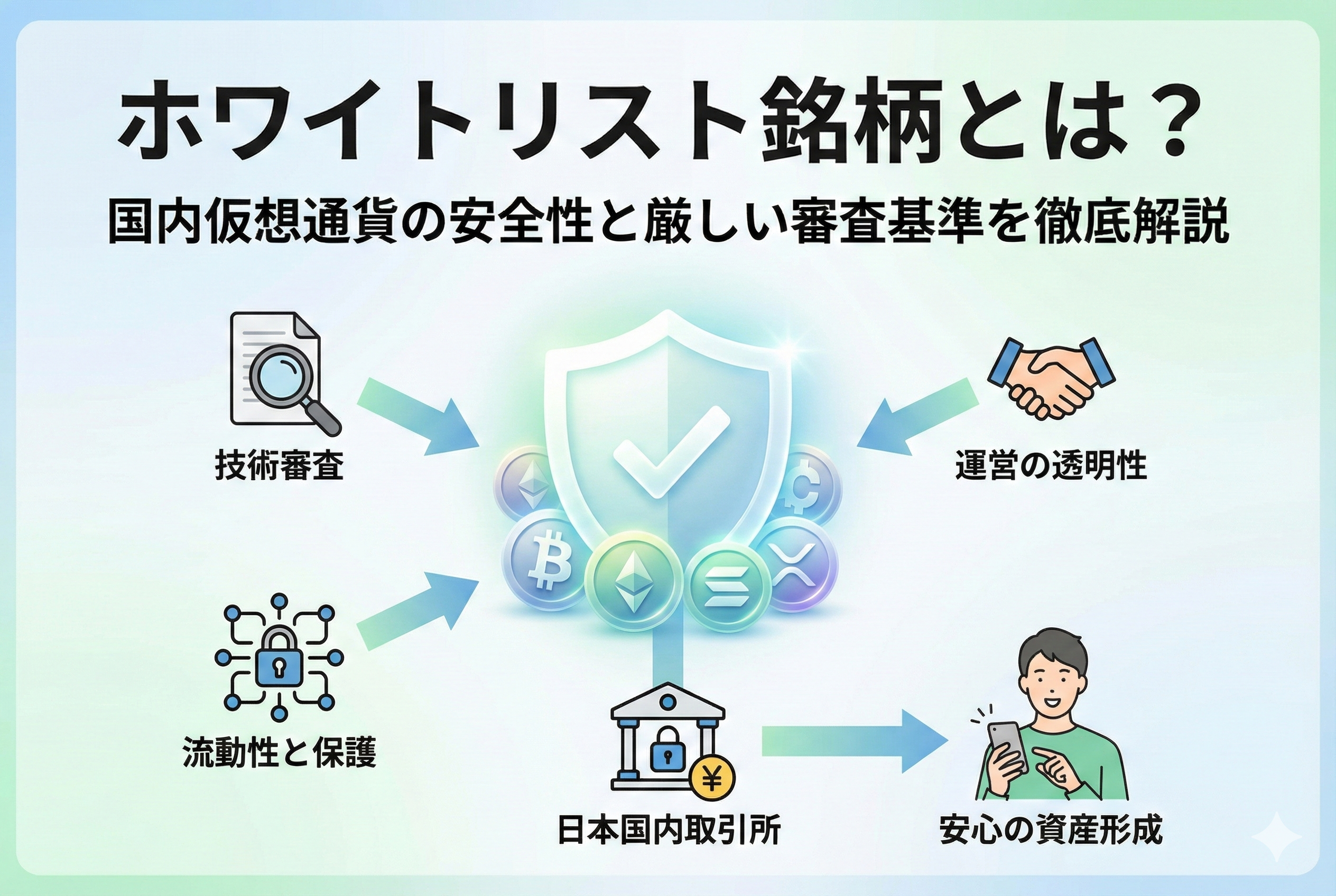 「ホワイトリスト銘柄とは？国内仮想通貨の安全性と厳しい審査基準を徹底解説」という見出しが中央に配置されたアイキャッチ画像。ビットコインやイーサリアムのコインが、チェックマークの付いた「盾」に守られている様子を描き、日本の厳格な審査基準を表現した清潔感のあるデザイン。