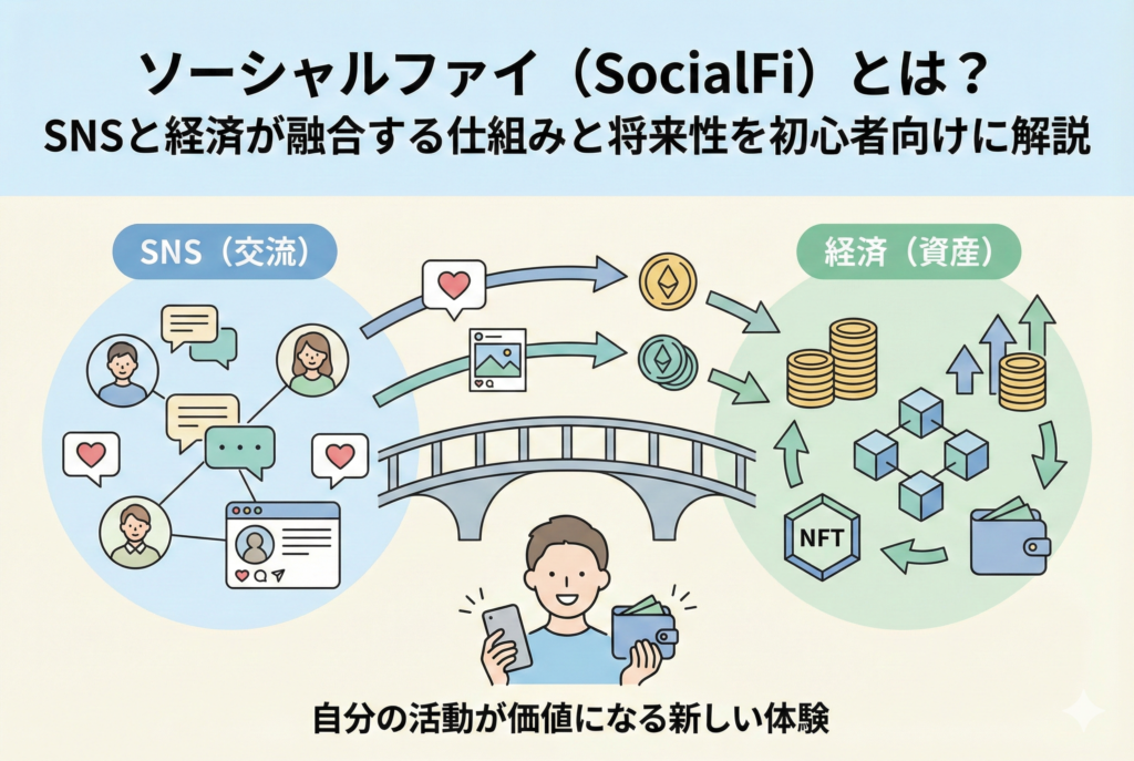 ソーシャルファイ（SocialFi）の仕組みを図解したアイキャッチ画像。左側の「SNS（交流）」エリアでのいいねや投稿活動が、中央の橋を通じて右側の「経済（資産）」エリアへ移動し、トークンやNFTといった価値に変わる流れを親しみやすいイラストで表現。「自分の活動が価値になる新しい体験」というメッセージと共に、SNSと経済の融合を初心者向けに解説していることを示している。