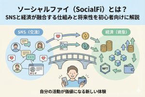 ソーシャルファイ（SocialFi）の仕組みを図解したアイキャッチ画像。左側の「SNS（交流）」エリアでのいいねや投稿活動が、中央の橋を通じて右側の「経済（資産）」エリアへ移動し、トークンやNFTといった価値に変わる流れを親しみやすいイラストで表現。「自分の活動が価値になる新しい体験」というメッセージと共に、SNSと経済の融合を初心者向けに解説していることを示している。