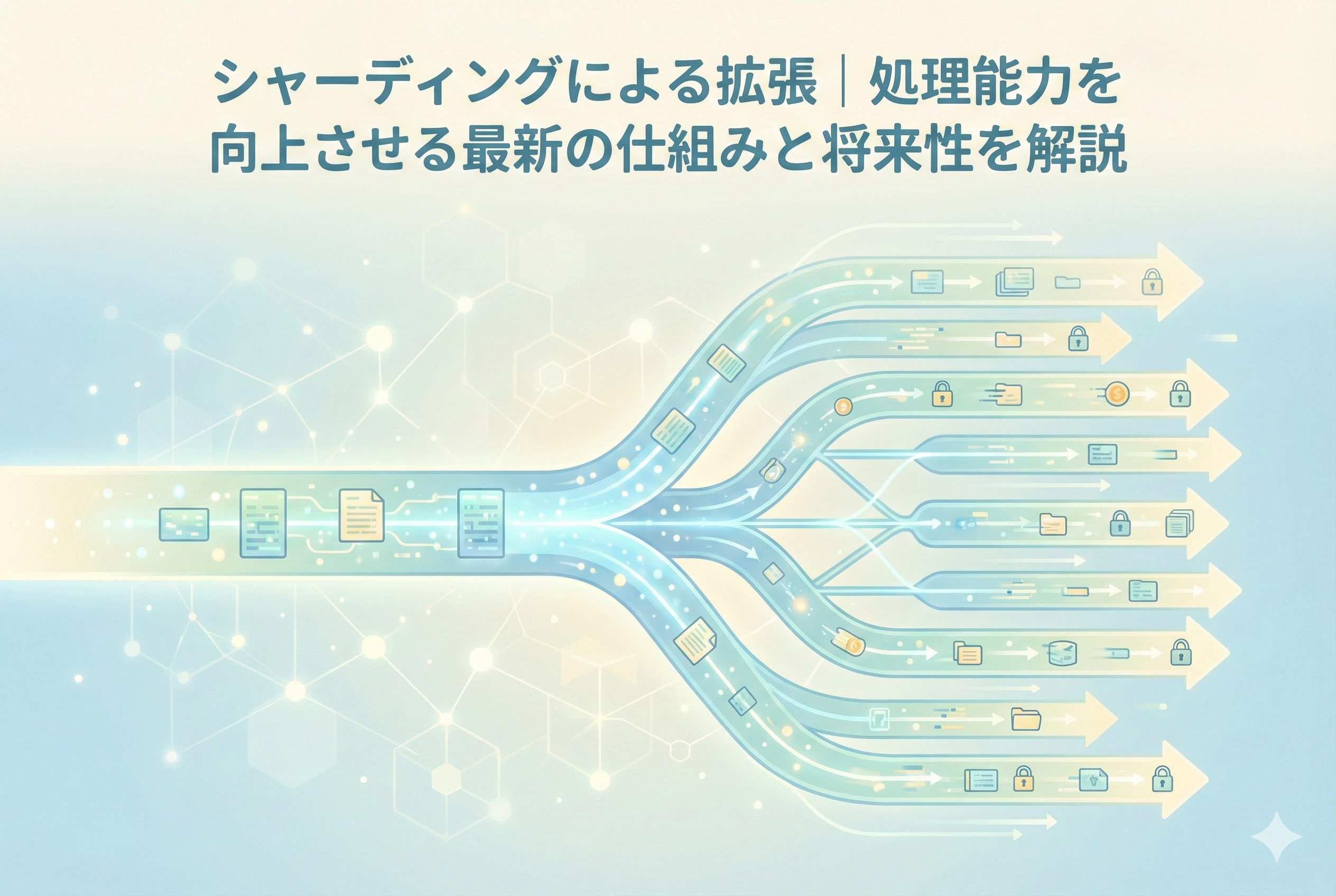 「シャーディングによる拡張|処理能力を向上させる最新の仕組みと将来性を解説」というタイトルが入ったアイキャッチ画像。一本の大きなデータの流れが、複数の並列した高速なレーンに分岐し、多くのデータが効率よく処理されていく様子を描いたイラスト。