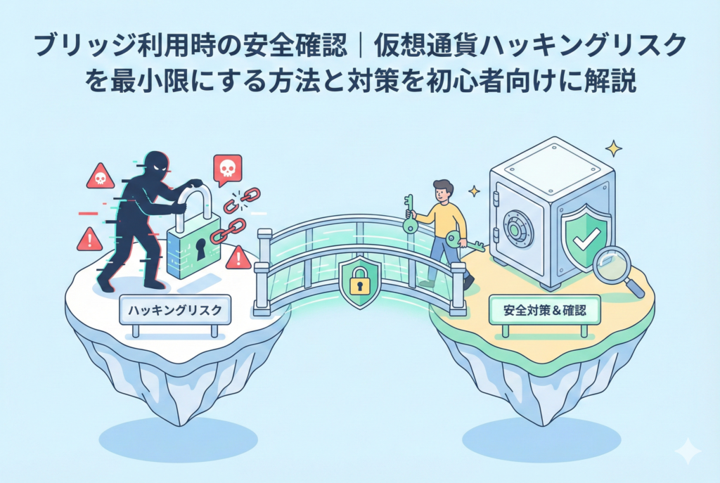 異なるブロックチェーンを繋ぐ「橋」と、セキュリティを象徴する「盾」や「鍵」のアイコンを組み合わせたイラスト。仮想通貨のブリッジ送金におけるハッキングリスク対策と安全確認をイメージしています。