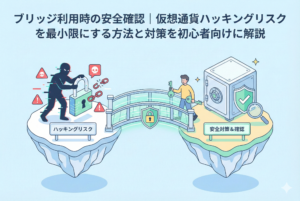 異なるブロックチェーンを繋ぐ「橋」と、セキュリティを象徴する「盾」や「鍵」のアイコンを組み合わせたイラスト。仮想通貨のブリッジ送金におけるハッキングリスク対策と安全確認をイメージしています。